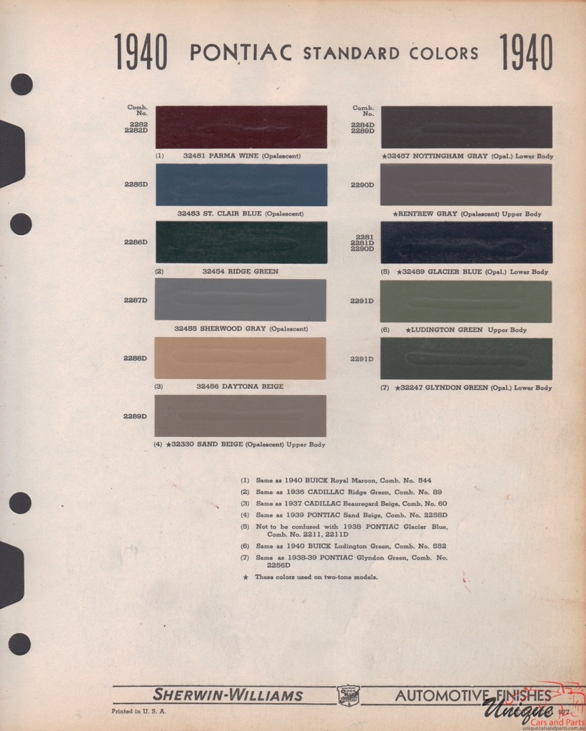 1940 Pontiac Paint Charts Williams 1